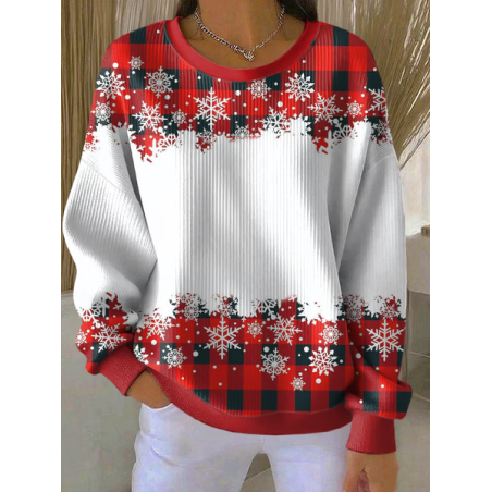 Women Plaid Crew Neck Printing Casual Spring/Fall Long Sleeve Sweatshirt