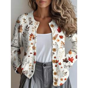 Women Maple Leaf Buttons Long Sleeve Crew Neck Vintage Spring/Fall Cardigan Outerwear