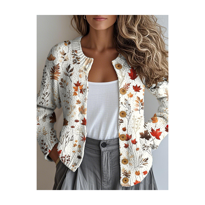 Women Maple Leaf Buttons Long Sleeve Crew Neck Vintage Spring/Fall Cardigan Outerwear