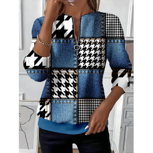 Women Houndstooth Crew Neck Printing Casual Spring/Fall Long Sleeve Sweatshirt