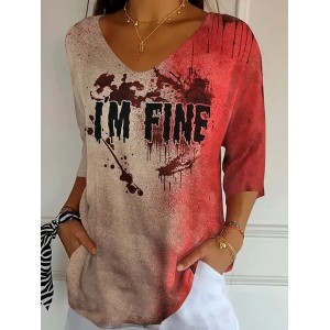 Women Halloween Three Quarter Sleeve Tee T-shirt V Neck Vintage Spring/Fall Top