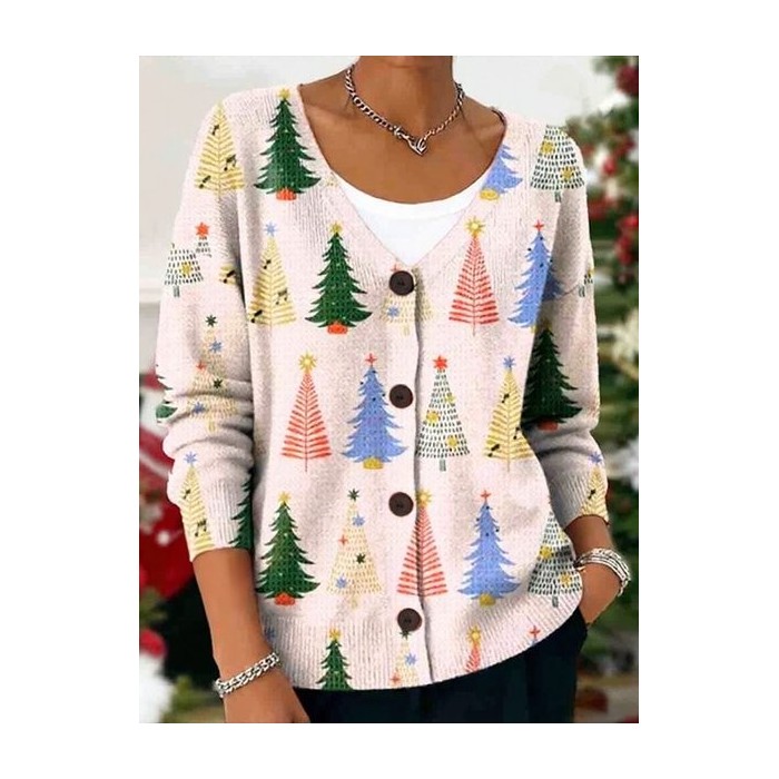 Women Christmas Long Sleeve V Neck Casual Spring/Fall Cardigan Outerwear