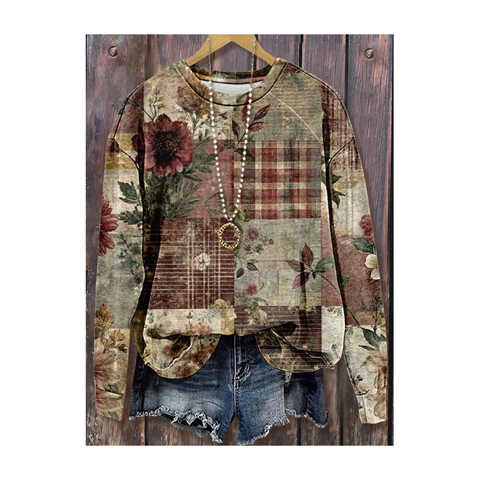 Women Floral Crew Neck Printing Casual Spring/Fall Long Sleeve Sweatshirt