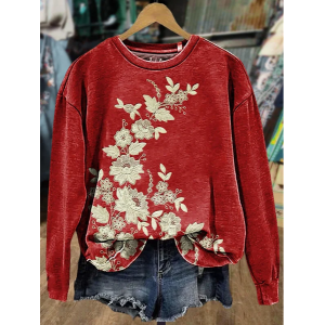 Women Floral Crew Neck Printing Casual Spring/Fall Long Sleeve Sweatshirt