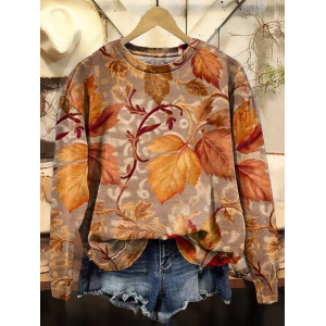 Women Maple Leaf Crew Neck Printing Casual Spring/Fall Long Sleeve Sweatshirt