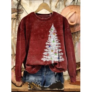 Women Christmas Tree Crew Neck Printing Casual Spring/Fall Long Sleeve Sweatshirt