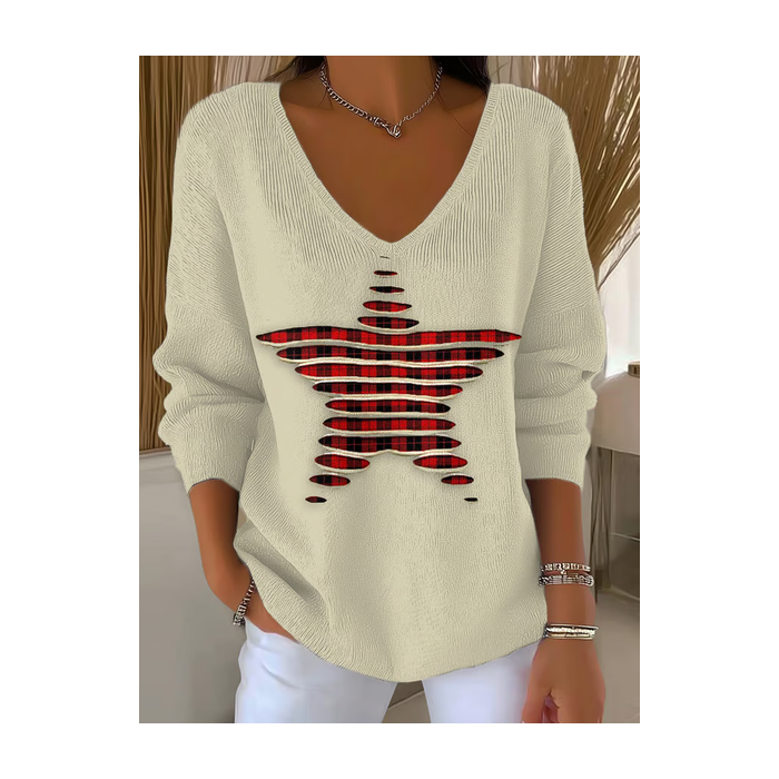 Women Plaid Long Sleeve Tee T-shirt V Neck Printing Casual Spring/Fall Top