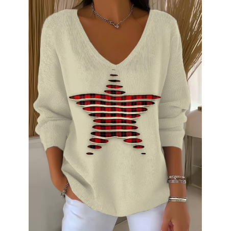 Women Plaid Long Sleeve Tee T-shirt V Neck Printing Casual Spring/Fall Top