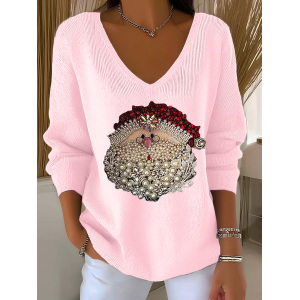 Women Santa Claus Long Sleeve Tee T-shirt V Neck Printing Casual Spring/Fall Top