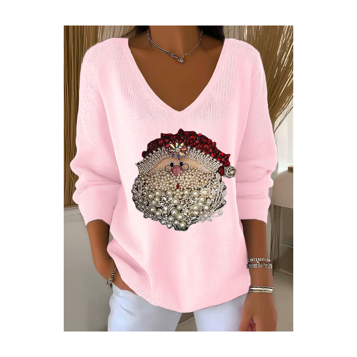 Women Santa Claus Long Sleeve Tee T-shirt V Neck Printing Casual Spring/Fall Top