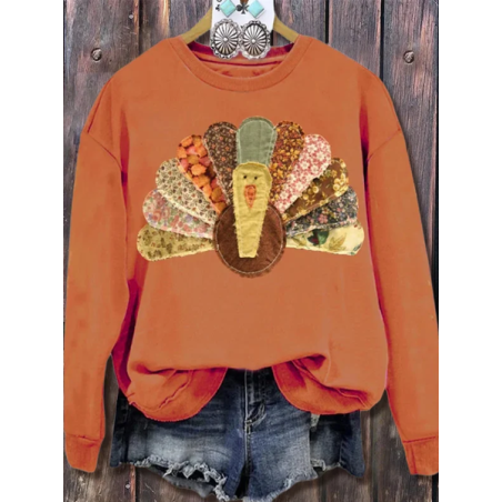 Women Turkey Crew Neck Printing Casual Spring/Fall Long Sleeve Sweatshirt