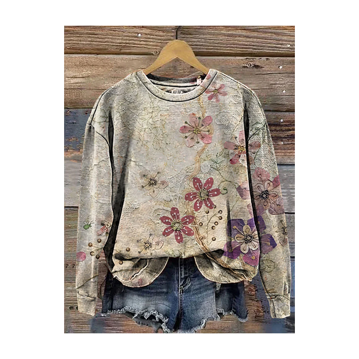 Women Floral Crew Neck Printing Casual Spring/Fall Long Sleeve Sweatshirt