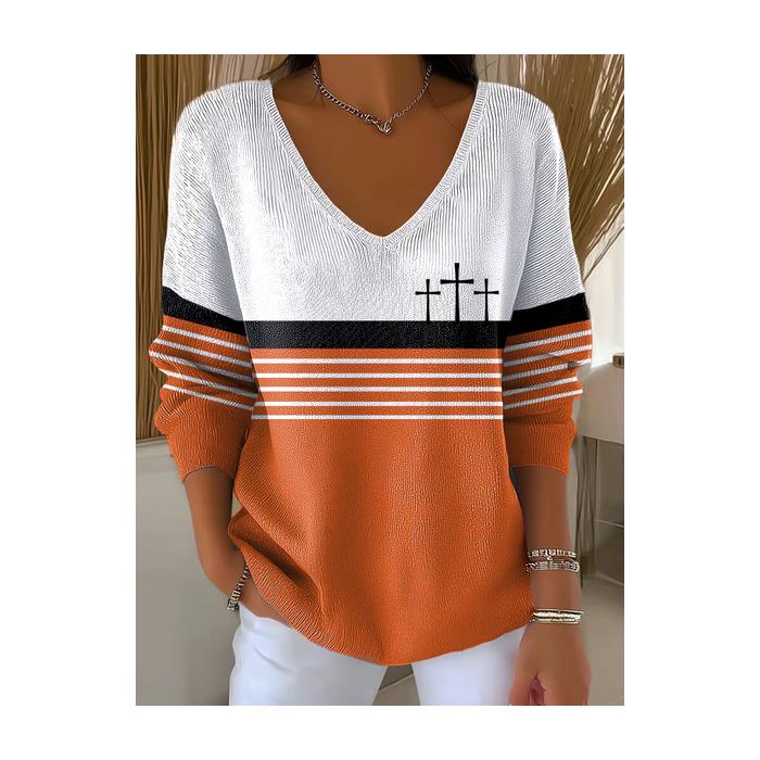 Women Multicolor Block Long Sleeve Tee T-shirt V Neck Printing Casual Spring/Fall Top