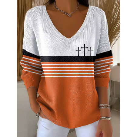Women Multicolor Block Long Sleeve Tee T-shirt V Neck Printing Casual Spring/Fall Top