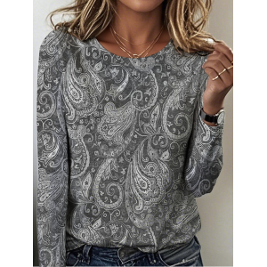 Women Paisley Long Sleeve Tee T-shirt Crew Neck Vintage Spring/Fall Top