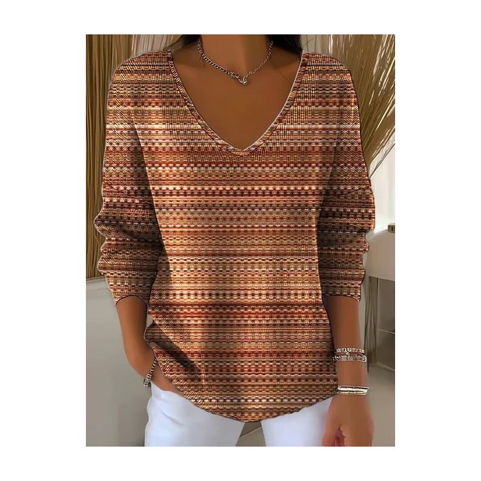 Women Abstract Stripes Long Sleeve Tee T-shirt V Neck Printing Casual Spring/Fall Top