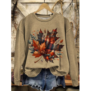 Women Maple Leaf Crew Neck Printing Casual Spring/Fall Long Sleeve Sweatshirt