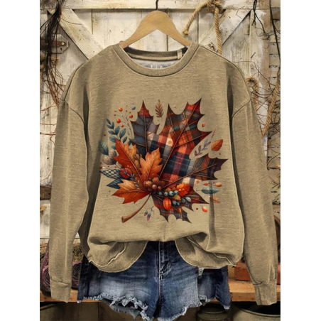 Women Maple Leaf Crew Neck Printing Casual Spring/Fall Long Sleeve Sweatshirt