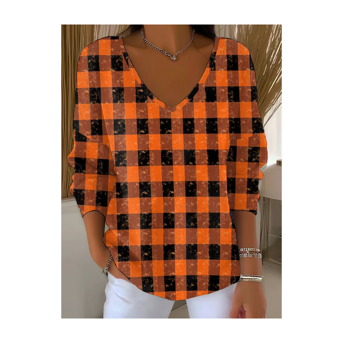 Women Plaid Long Sleeve Tee T-shirt V Neck Printing Casual Spring/Fall Top