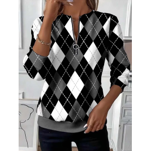 Women Plaid Crew Neck Printing Casual Spring/Fall Long Sleeve Sweatshirt