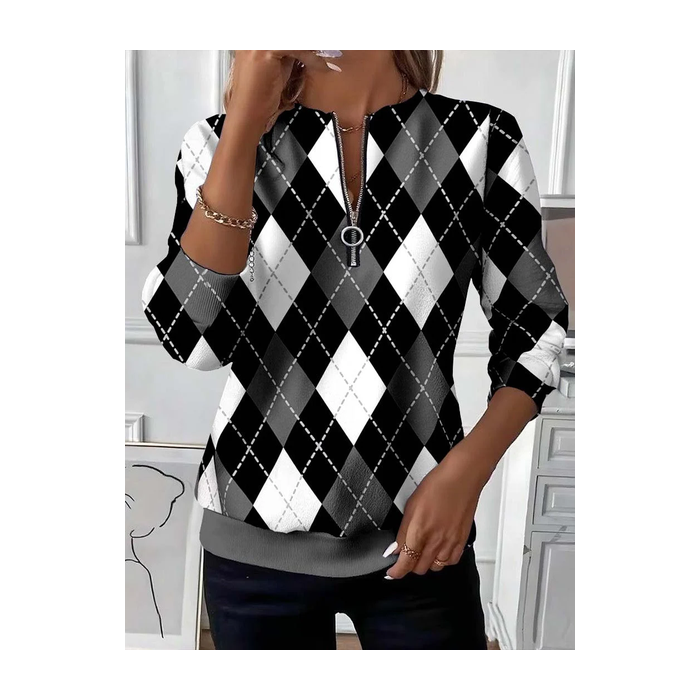 Women Plaid Crew Neck Printing Casual Spring/Fall Long Sleeve Sweatshirt