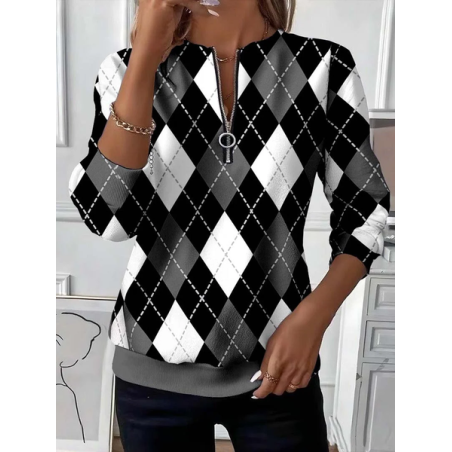 Women Plaid Crew Neck Printing Casual Spring/Fall Long Sleeve Sweatshirt