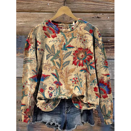 Women Floral Crew Neck Printing Casual Spring/Fall Long Sleeve Sweatshirt