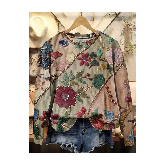 Women Floral Crew Neck Printing Casual Spring/Fall Long Sleeve Sweatshirt