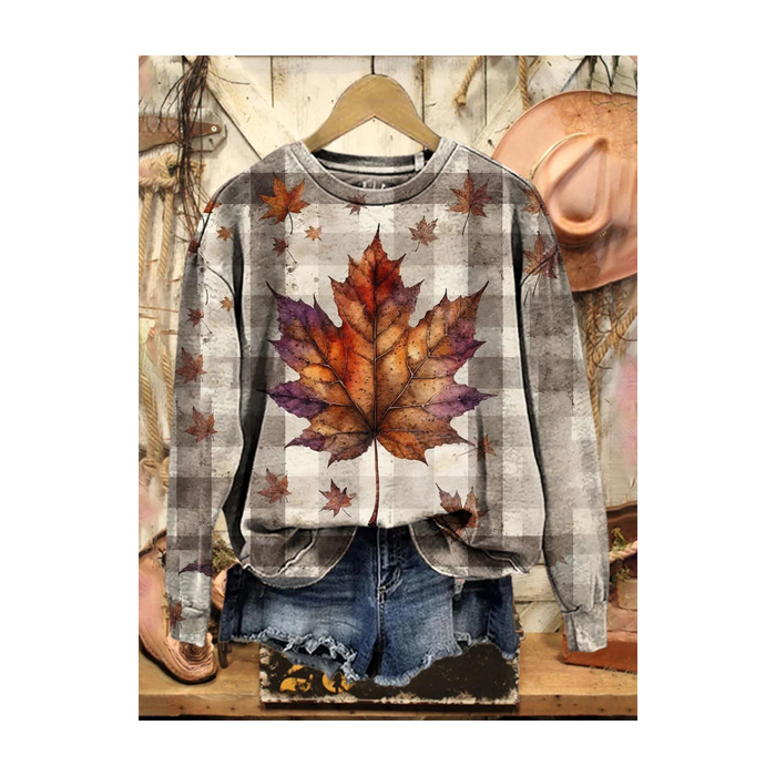 Women Plaid Crew Neck Printing Casual Spring/Fall Long Sleeve Sweatshirt