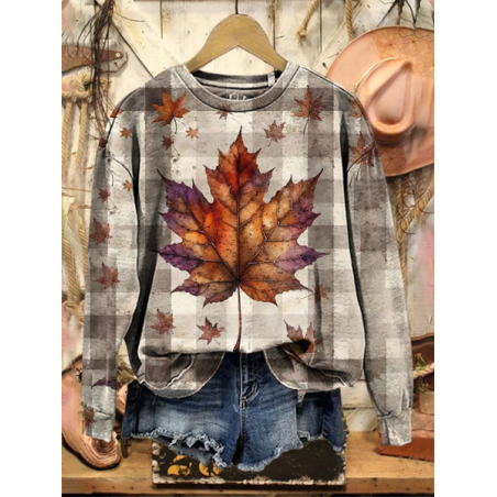 Women Plaid Crew Neck Printing Casual Spring/Fall Long Sleeve Sweatshirt