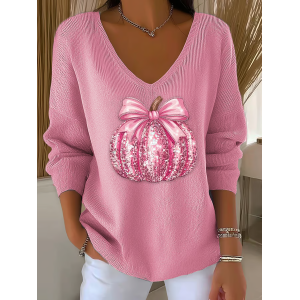 Women Halloween (pumpkin) Long Sleeve Tee T-shirt V Neck Printing Casual Spring/Fall Top