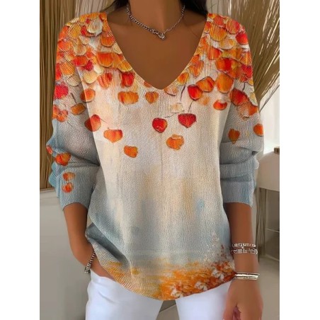 Women Maple Leaf Long Sleeve Tee T-shirt V Neck Printing Casual Spring/Fall Top