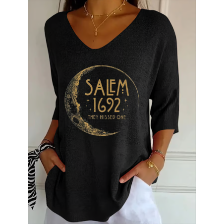 Women Halloween Three Quarter Sleeve Tee T-shirt V Neck Printing Casual Spring/Fall Graphic Tee Top