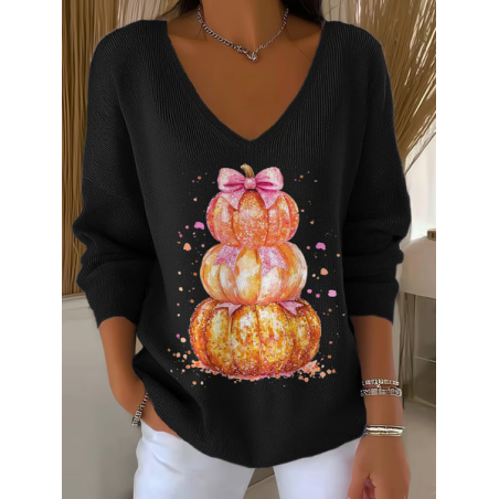 Women Halloween (pumpkin) Long Sleeve Tee T-shirt V Neck Printing Casual Spring/Fall Top