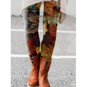 Women Maple Leaf Casual All Season Printing Long Leggings
