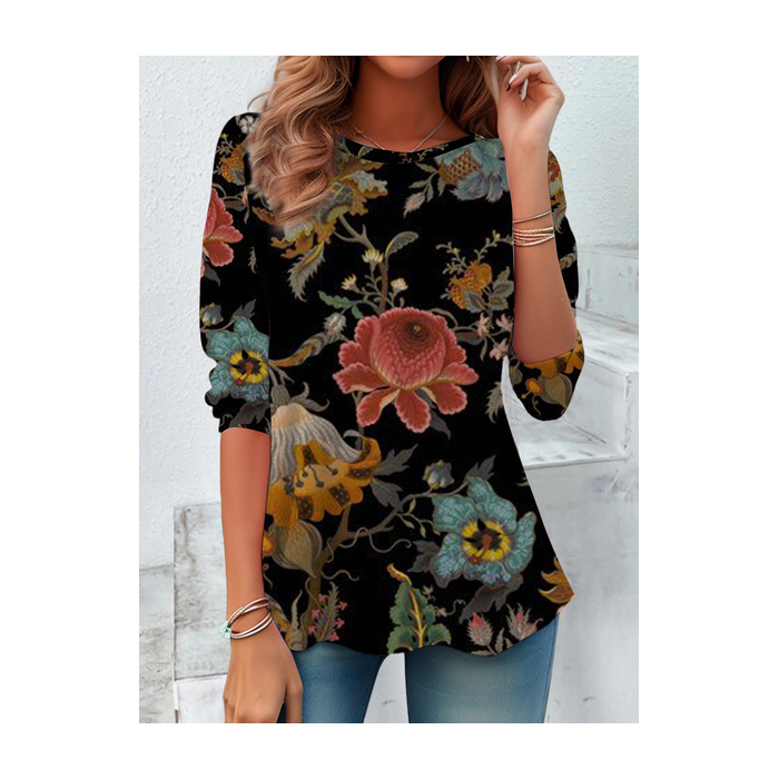 Women Floral Long Sleeve Tee T-shirt Crew Neck Casual Spring/Fall Tunic Top