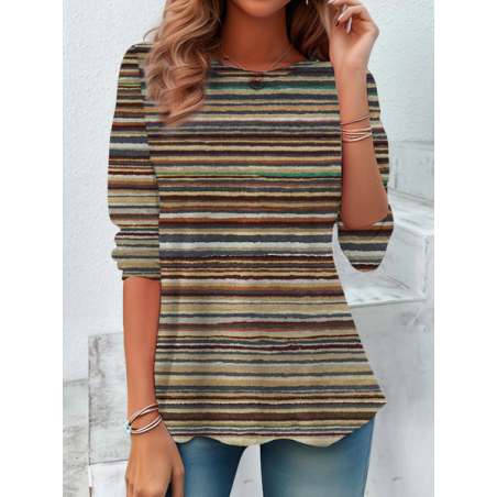 Women Striped Long Sleeve Tee T-shirt Crew Neck Casual Spring/Fall Tunic Top