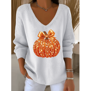 Women Halloween (pumpkin) Long Sleeve Tee T-shirt V Neck Printing Casual Spring/Fall Top