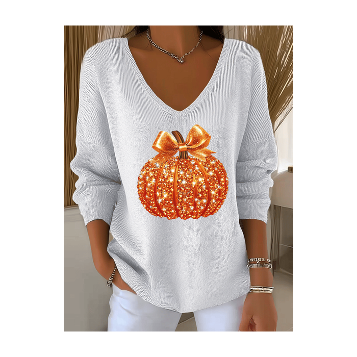 Women Halloween (pumpkin) Long Sleeve Tee T-shirt V Neck Printing Casual Spring/Fall Top