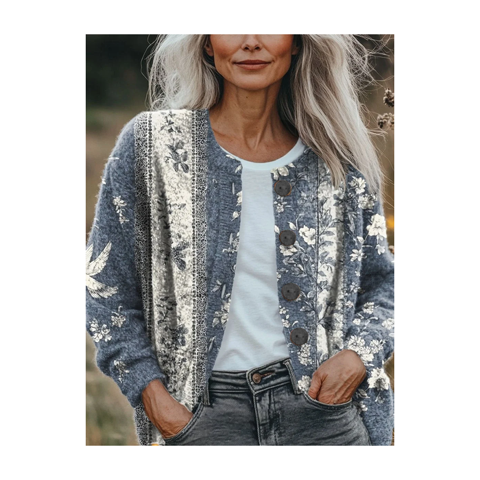Women Floral Printing Long Sleeve Crew Neck Vintage Spring/Fall Cardigan Outerwear