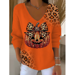 Women Leopard Long Sleeve Tee T-shirt V Neck Printing Casual Spring/Fall Top