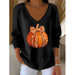 Women Halloween (pumpkin) Long Sleeve Tee T-shirt V Neck Printing Casual Spring/Fall Top