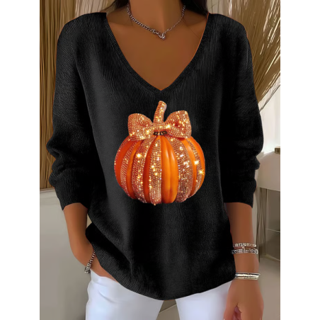 Women Halloween (pumpkin) Long Sleeve Tee T-shirt V Neck Printing Casual Spring/Fall Top
