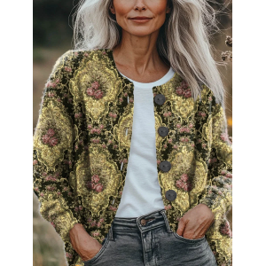 Women Floral Printing Long Sleeve Crew Neck Vintage Spring/Fall Cardigan Outerwear