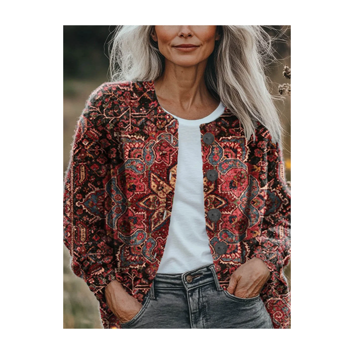 Women Floral Printing Long Sleeve Crew Neck Vintage Spring/Fall Cardigan Outerwear