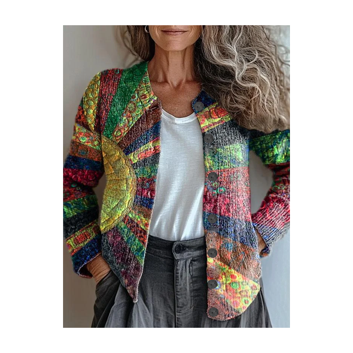 Women Abstract Printing Long Sleeve Crew Neck Vintage Spring/Fall Cardigan Outerwear