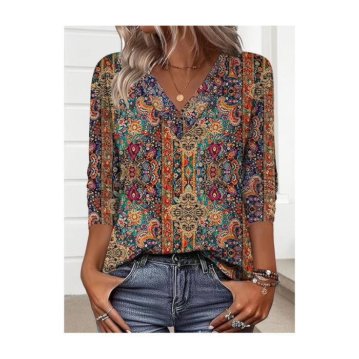 Women Nationality/ethnic Long Sleeve Tee T-shirt V Neck Casual Spring/Fall Top