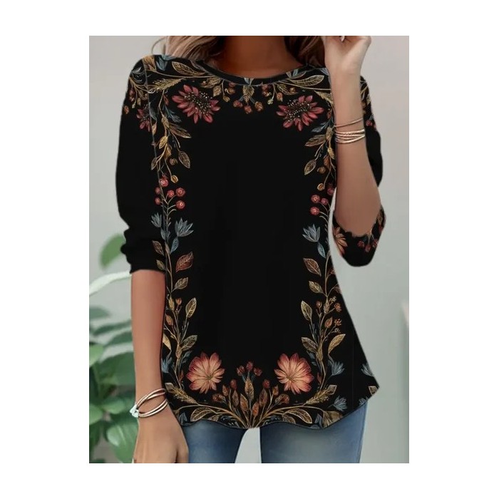 Women Floral Long Sleeve Tee T-shirt Crew Neck Casual Spring/Fall Tunic Top