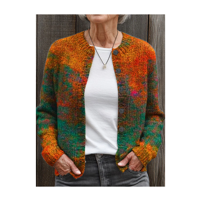 Women Abstract Printing Long Sleeve Crew Neck Vintage Spring/Fall Cardigan Outerwear