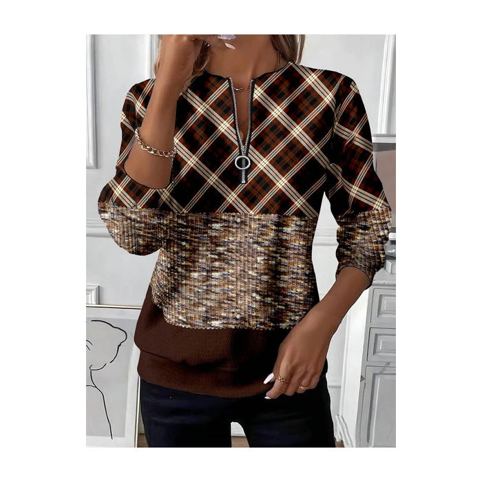 Women Plaid Crew Neck Printing Casual Spring/Fall Long Sleeve Sweatshirt